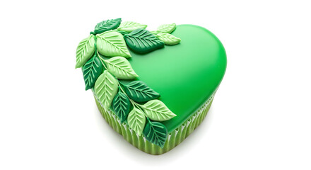 Green Heart-Shaped Cake with Leaves on White Background