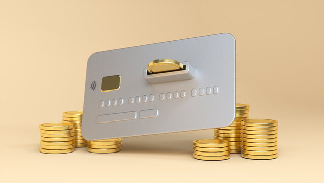3D conceptual illustration of a silver bank card acting as a piggy bank with a golden coin being inserted into a slot. Surrounded by stacks of gold coins on a beige background. 