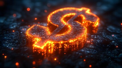 Glowing currency symbol rests upon a dark, textured ground with scattered sparks