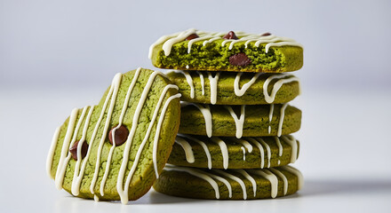Green Matcha Cookies with White Drizzle and Chocolate Chips on White Background
