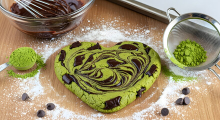 Matcha Green Tea Cookie with Chocolate Chips on Wooden Table