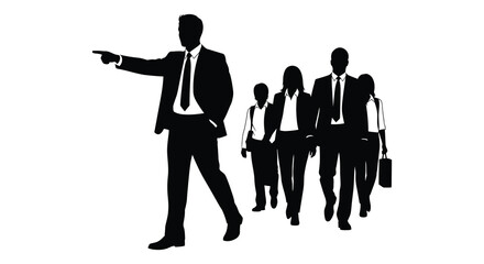 A group of business professionals led by a pointing man depicted in a striking black silhouette on transparent background high quality