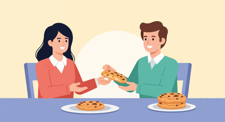 A woman offers a cookie to a man at a table with cookies