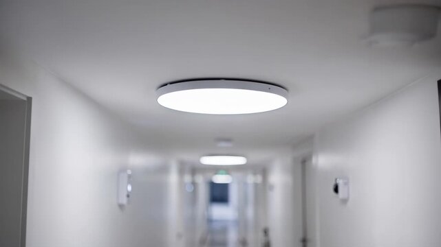 Medium shot of an LED ceiling fixture illuminating a modern corridor with motion sensors subtly visible in the blurred background.