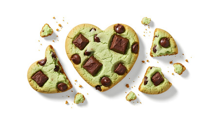 Mint Chocolate Chip Cookies in Heart Shape on White Background