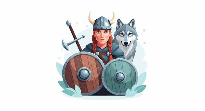 A fierce warrior woman with braided hair stands beside a wolf