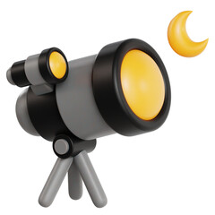 Cute 3D Telescope Looking at Yellow Crescent Moon Night Astronomy