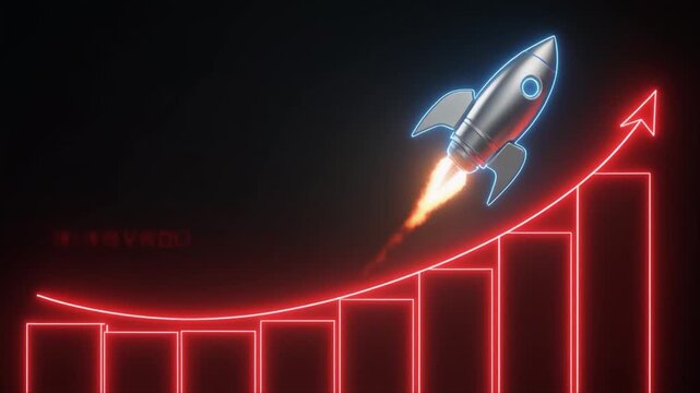Silver rocket ship launching upwards with fiery exhaust over a red neon bar graph on a dark background