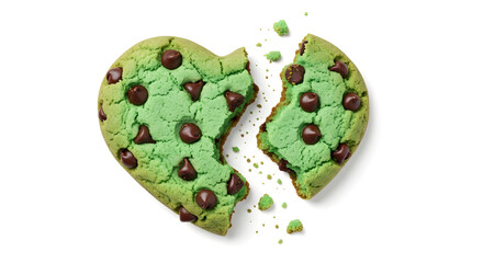 Broken Green Heart-Shaped Cookie with Chocolate Chips on White Background