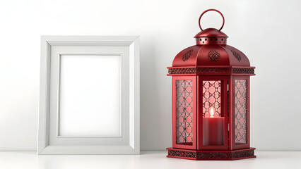 Obraz premium Red Decorative Lantern with Candle and Empty Frame on White Background