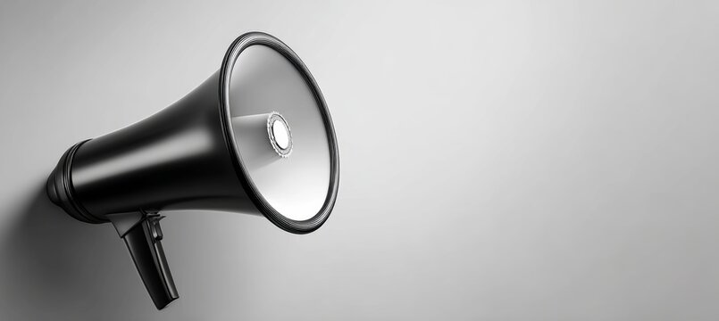 Black megaphone on white wall background. Generative AI technology.	
