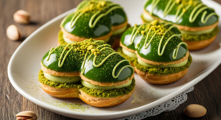 Green Eclairs on White Plate with Pistachios on Wooden Table