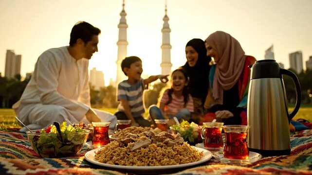 Joyful Arab family having a sunset picnic meal outdoors, laughing and interacting happily over food (rice, tea) on a patterned rug, set against a modern city skyline and mosque minarets.