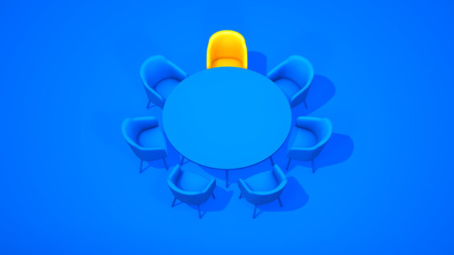 3D rendering of a blue round table with blue chairs and one standout yellow chair. Concept of leadership, hierarchy, and boardroom meetings on a blue background.