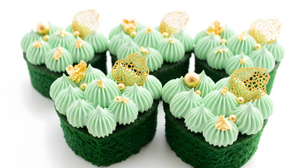Green Cupcakes with Mint Frosting and Gold Decorations on White Background