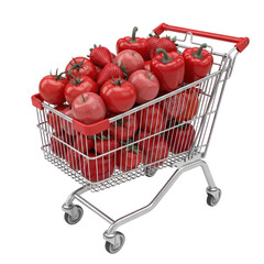 Shopping cart full of red produce, fresh fruits and vegetables in a trolley on transparent background
