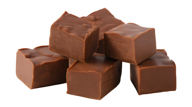 Delicious brown chocolate fudge cubes stacked isolated on transparent white background