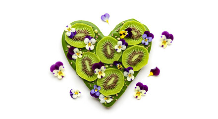 Heart Shaped Kiwi Slices with Colorful Flowers on White Background