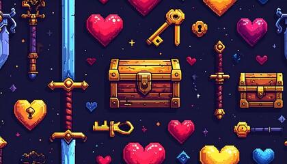 Pixel Art Treasures - A Seamless Pattern of Hearts, Keys, and Swords.