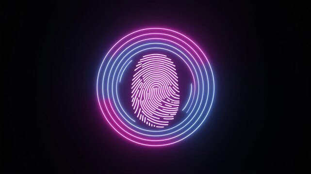 Pink and Blue Neon Fingerprint with Concentric Circles on Black Background image photo