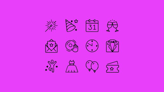 A collection of festive icons symbolizing celebration, parties, and special events animation on a vibrant background.