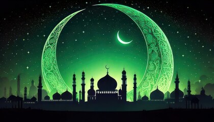 Ramadan Kareem illustration with mosque silhouette and crescent moon.