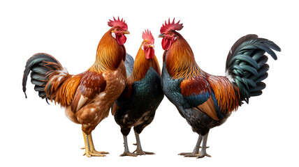Three colorful roosters standing together facing each other isolated on transparent white background