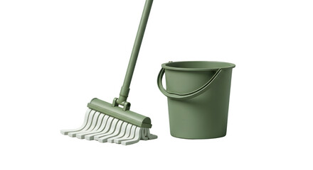 Green garden rake and bucket gardening tools isolated on transparent background, png