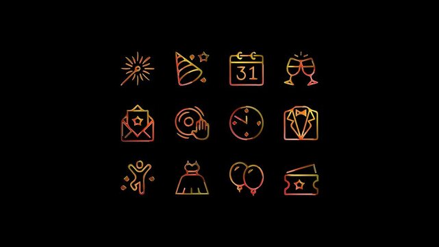 Collection of festive new year's eve celebration icons saber animation on a black background
