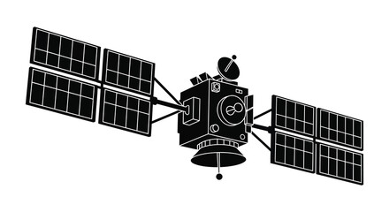 A detailed illustration of a space satellite with large solar panels presented as a silhouette on transparent background high quality professional