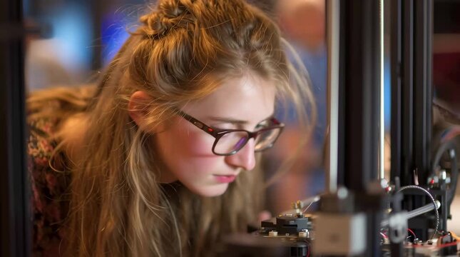 Una joven concentrada observa una impresora 3D en funcionamiento.