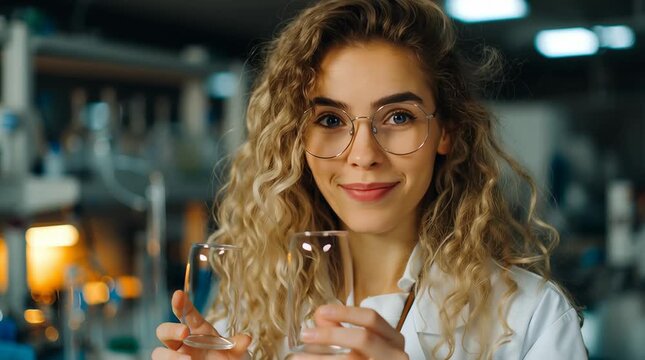 Una joven cient&iacute;fica sonr&iacute;e con confianza en un laboratorio moderno.