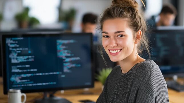 Una joven programadora concentrada en su trabajo.