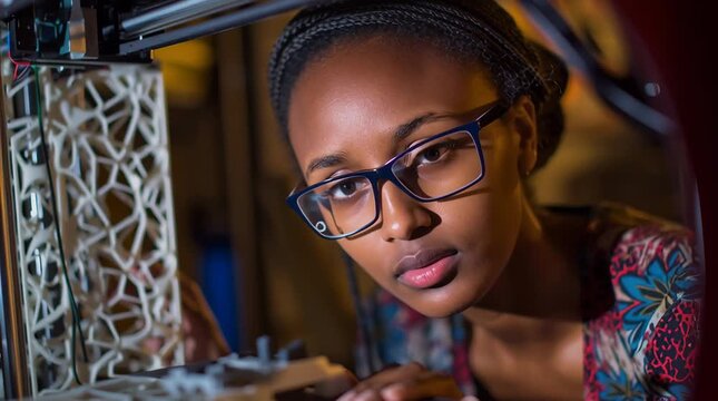 Una joven ingeniera observa con atenci&oacute;n una impresi&oacute;n 3D en curso.