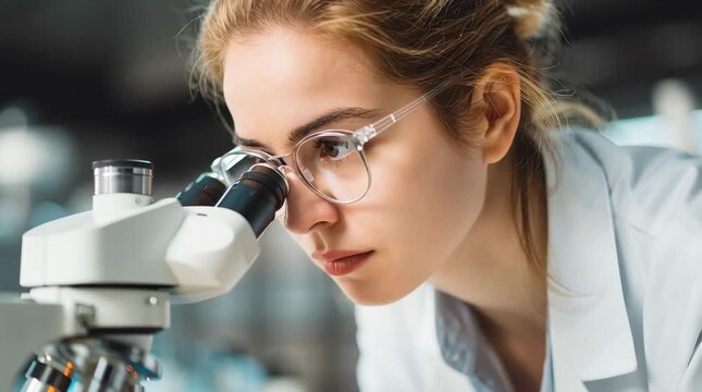 Una cient&iacute;fica observa una muestra a trav&eacute;s de un microscopio en un laboratorio.