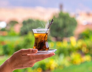Hand Holding Traditional Turkish Tea Cup With Steam Rising Outdoors With Greenery Blurred Background