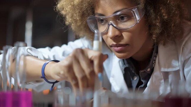 Una cient&iacute;fica afroamericana concentrada en un experimento de laboratorio.