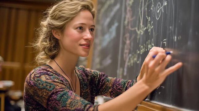 Una profesora apasionada explica con entusiasmo en la pizarra.