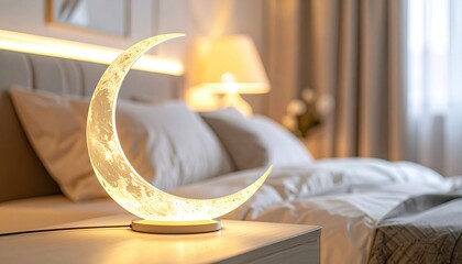 Crescent Moon Shaped Lamp Illuminating A Cozy Bedroom With Soft Ambient Light And Plush Bedding