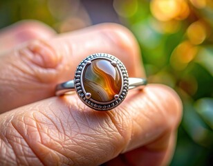 Close Up Of A Detailed Agate Gemstone Ring On A Finger With A Blurred Green And Golden Bokeh Background Outdoors
