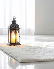 Ornate Metal Lantern with Lit Candle on a White Shag Rug in a Bright Room with Soft Window Light and Reflections