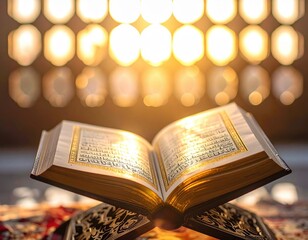 Holy Quran on a decorative stand illuminated by warm golden sunlight streaming through a patterned window creating a peaceful and spiritual atmosphere