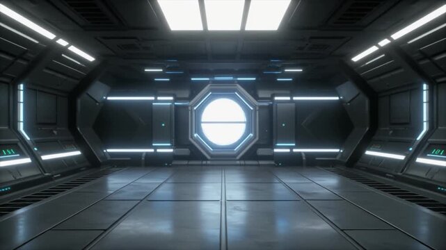 Futuristic Sci- Fi Interior with Octagonal Window and Neon Lighting sci-fi spaceship