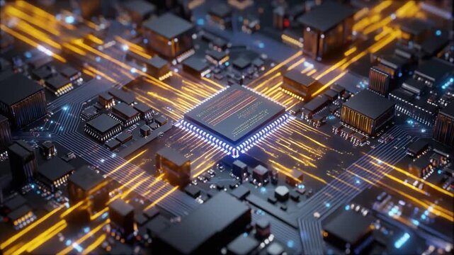 Close-up of a Central Processing Unit CPU on a Motherboard with Glowing Circuitry and Data Streams