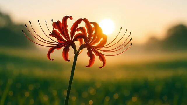夕日に咲く彼岸花ののシルエット