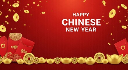 Naklejka premium Happy chinese new year greeting with gold coins and red envelopes