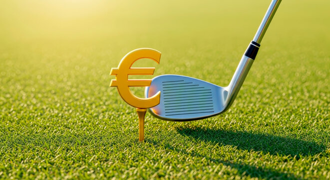 A gold euro sign depicting a golf ball with a club at the moment of impact. Concept of the euro's value on the global market. Fluctuations in the euro exchange rate.