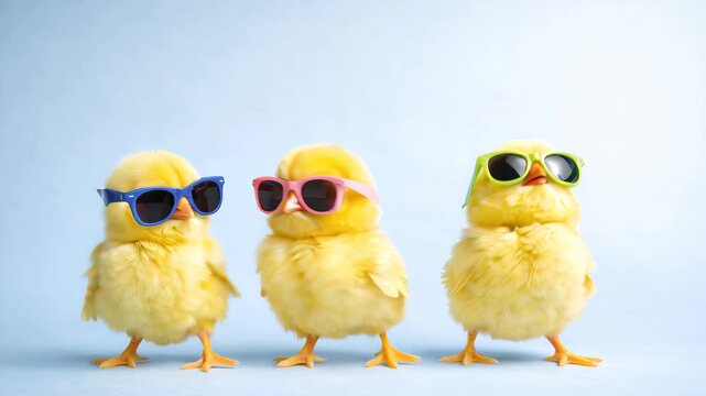 Three cute yellow chicks wearing colorful sunglasses jumping and dancing together. Playful Easter and spring holiday concept