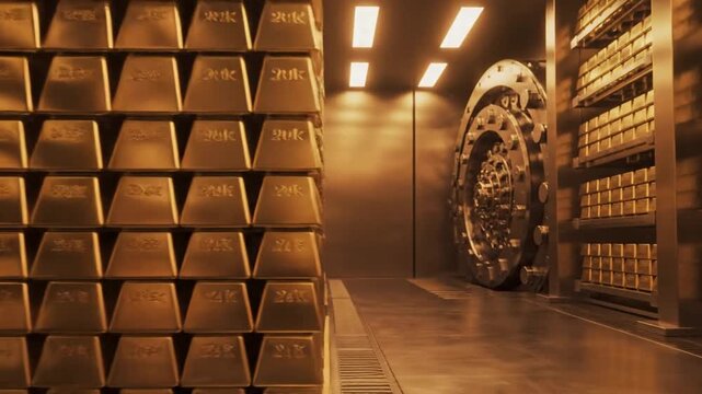 Massive Stacks of Shining Gold Bullion Bars Inside a High-Security Bank Vault with a Heavy Circular Door, Representing Wealth and Financial Security