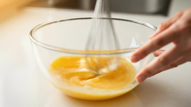 Whisking eggs into fluffy batter in sunlit kitchen sequence